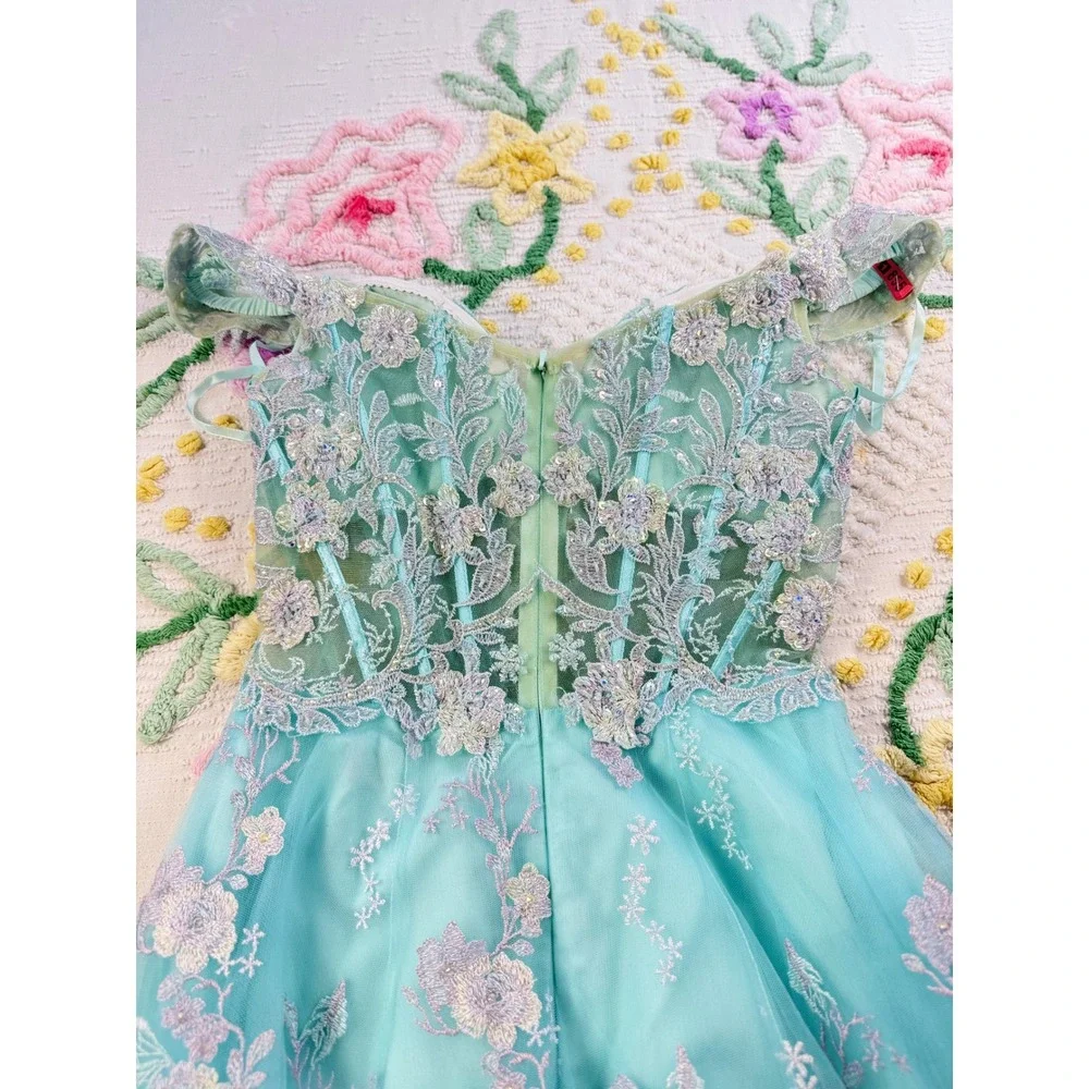 Morrell Maxie Size 4‎ Aqua White Floral Lace Off Shoulder Formal Gown - Picture 15 of 16